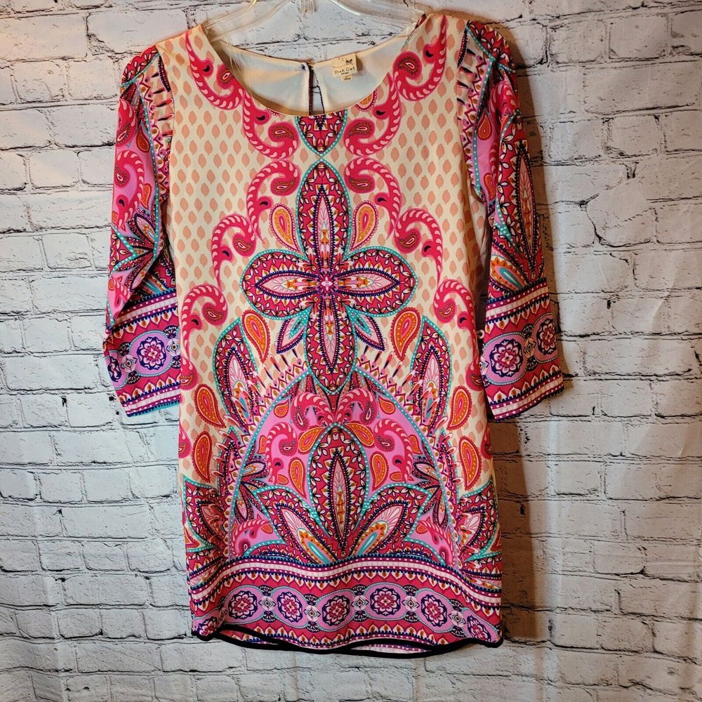 Pink Owl Paisley Mini Dress Womens Small Pink Excellent Boho 3/4 Sleeve Tunic
